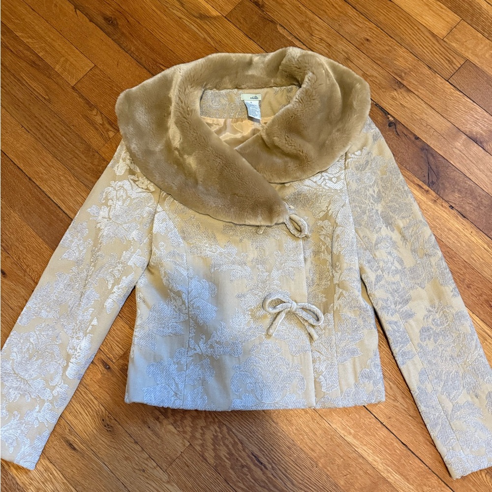 Anthropologie Cream Brocade Jacket with Faux Fur Collar